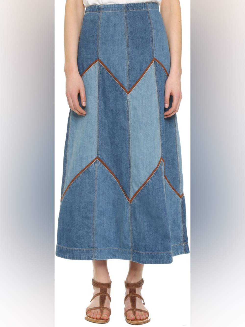 Free People Patchwork Bliss Made Denim Maxi Skirt with Brown Trim